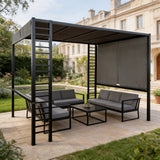 PGL2409 Black Metal Pergola with Retractable Privacy Shade – Modern Outdoor Sun Shelter for Coastal Balcony & Deck