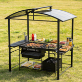 PGL2411 Black Metal Grill Gazebo with Hardtop Roof & Side Shelves – Outdoor BBQ Canopy for Backyard Cooking Area