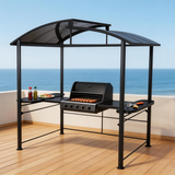 PGL2411 Black Metal Grill Gazebo with Hardtop Roof & Side Shelves – Outdoor BBQ Canopy for Backyard Cooking Area