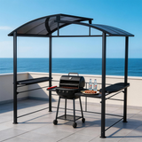 PGL2411 Black Metal Grill Gazebo with Hardtop Roof & Side Shelves – Outdoor BBQ Canopy for Backyard Cooking Area