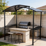 PGL2411 Black Metal Grill Gazebo with Hardtop Roof & Side Shelves – Outdoor BBQ Canopy for Backyard Cooking Area