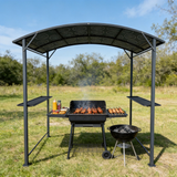 PGL2412 Black Metal Grill Gazebo with Hardtop Roof & Side Shelves – Outdoor BBQ Canopy for Coastal Patio & Backyard Cooking Area