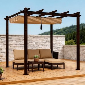 PGL2415 Brown Metal Pergola with Retractable Beige Canopy – Modern Outdoor Shade Structure for Deck & Patio