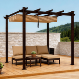 PGL2415 Brown Metal Pergola with Retractable Beige Canopy – Modern Outdoor Shade Structure for Deck & Patio