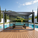 PGL2417 Modern Black Metal Slatted Pergola Pavilion – Contemporary Outdoor Privacy Shade Structure for Patio & Poolside