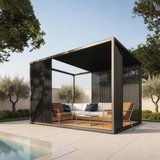 PGL2417 Modern Black Metal Slatted Pergola Pavilion – Contemporary Outdoor Privacy Shade Structure for Patio & Poolside