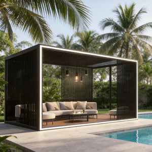 PGL2417 Modern Black Metal Slatted Pergola Pavilion – Contemporary Outdoor Privacy Shade Structure for Patio & Poolside