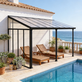 PGL2505 Black Wall-Mounted Polycarbonate Lean-To Pergola with Transparent Roof – Modern Outdoor Patio Sunroom for Coastal Decks