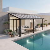 PGL2505 Black Wall-Mounted Polycarbonate Lean-To Pergola with Transparent Roof – Modern Outdoor Patio Sunroom for Coastal Decks