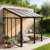 PGL2506 Black Wall-Mounted Polycarbonate Lean-To Pergola with Transparent Roof – Modern Outdoor Patio Sunroom for Backyard & Garden