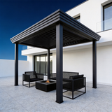 PGL2508 Modern Black Aluminum Pergola with Adjustable Louvered Roof – Minimalist Outdoor Patio Shade Structure for Poolside & Backyard