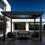 PGL2508 Modern Black Aluminum Pergola with Adjustable Louvered Roof – Minimalist Outdoor Patio Shade Structure for Poolside & Backyard