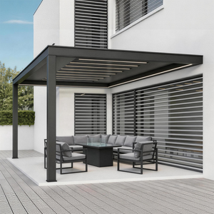 PGL2509 Modern Black Aluminum Louvered Pergola with LED Lights – Luxury Outdoor Patio Shade Structure for Contemporary Homes