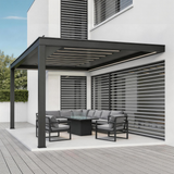 PGL2509 Modern Black Aluminum Louvered Pergola with LED Lights – Luxury Outdoor Patio Shade Structure for Contemporary Homes