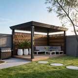PGL2510 Modern Black Aluminum Louvered Pergola with LED Lights – Luxury Outdoor Patio Shade Structure for Backyard BBQ & Relaxation