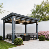 PGL2511 Luxury Black Aluminum Louvered Pergola with LED & Lantern Lights – Premium Outdoor Patio Shade Structure for Mediterranean Backyards