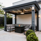PGL2511 Luxury Black Aluminum Louvered Pergola with LED & Lantern Lights – Premium Outdoor Patio Shade Structure for Mediterranean Backyards
