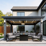 PGL2511 Luxury Black Aluminum Louvered Pergola with LED & Lantern Lights – Premium Outdoor Patio Shade Structure for Mediterranean Backyards