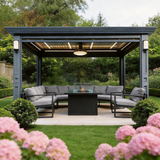 PGL2511 Luxury Black Aluminum Louvered Pergola with LED & Lantern Lights – Premium Outdoor Patio Shade Structure for Mediterranean Backyards