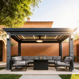 PGL2511 Luxury Black Aluminum Louvered Pergola with LED & Lantern Lights – Premium Outdoor Patio Shade Structure for Mediterranean Backyards