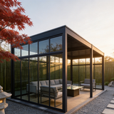 PGL2512 Modern Navy Blue Aluminum Sunroom with Glass Panels – Enclosed Outdoor Patio Pavilion for Year-Round Backyard Living
