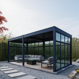PGL2512 Modern Navy Blue Aluminum Sunroom with Glass Panels – Enclosed Outdoor Patio Pavilion for Year-Round Backyard Living