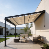 PGL2513 Black Wall-Mounted Retractable Canopy Pergola with LED Lights – Outdoor Patio Shade Structure for Garden & Backyard