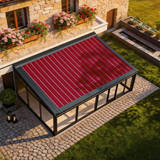 PGL2515 Black Frame Glass Sunroom with Retractable Red Striped Awning – Enclosed Outdoor Patio Conservatory for Year-Round Living