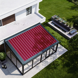 PGL2515 Black Frame Glass Sunroom with Retractable Red Striped Awning – Enclosed Outdoor Patio Conservatory for Year-Round Living
