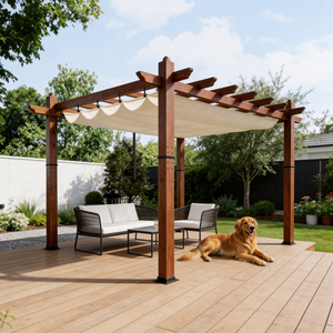 PGL2415 Brown Metal Pergola with Retractable Beige Canopy – Modern Outdoor Shade Structure for Deck & Patio