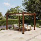PGL2415 Brown Metal Pergola with Retractable Beige Canopy – Modern Outdoor Shade Structure for Deck & Patio
