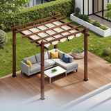 PGL2415 Brown Metal Pergola with Retractable Beige Canopy – Modern Outdoor Shade Structure for Deck & Patio