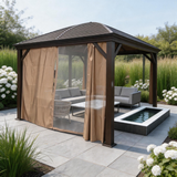 PGL2518 Black Metal Hardtop Gazebo with Brown Curtains – Outdoor Patio Pavilion for Backyard Deck & Garden
