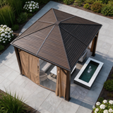 PGL2518 Black Metal Hardtop Gazebo with Brown Curtains – Outdoor Patio Pavilion for Backyard Deck & Garden