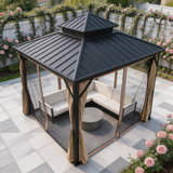 PGL2519 Black Double-Tier Hardtop Gazebo with Mosquito Netting & Privacy Curtains – Outdoor Patio Pavilion for Backyard & Deck