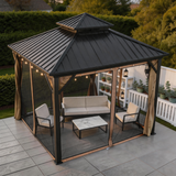 PGL2519 Black Double-Tier Hardtop Gazebo with Mosquito Netting & Privacy Curtains – Outdoor Patio Pavilion for Backyard & Deck
