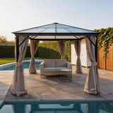 PGL2520 Black Frame Polycarbonate Hardtop Gazebo with Grey Privacy Curtains – Outdoor Patio Pavilion for Poolside & Backyard