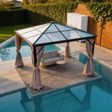 PGL2520 Black Frame Polycarbonate Hardtop Gazebo with Grey Privacy Curtains – Outdoor Patio Pavilion for Poolside & Backyard