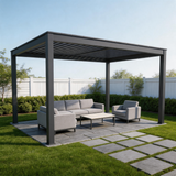 PGL2523 Modern Black Aluminum Pergola with LED Strip Lights – Adjustable Louvered Patio Shade for Backyard & Poolside