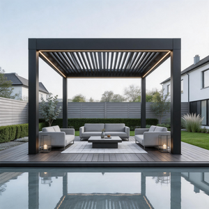 PGL2523 Modern Black Aluminum Pergola with LED Strip Lights – Adjustable Louvered Patio Shade for Backyard & Poolside