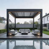 PGL2523 Modern Black Aluminum Pergola with LED Strip Lights – Adjustable Louvered Patio Shade for Backyard & Poolside