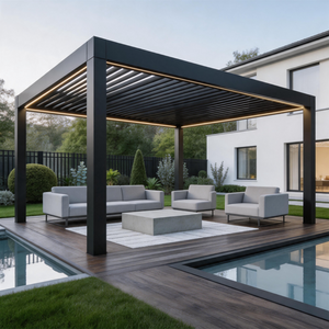 PGL2523 Modern Black Aluminum Pergola with LED Strip Lights – Adjustable Louvered Patio Shade for Backyard & Poolside