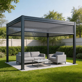 PGL2523 Modern Black Aluminum Pergola with LED Strip Lights – Adjustable Louvered Patio Shade for Backyard & Poolside