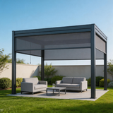 PGL2523 Modern Black Aluminum Pergola with LED Strip Lights – Adjustable Louvered Patio Shade for Backyard & Poolside