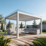PGL2524 Modern White Aluminum Pergola with Glass Top & Adjustable Louvered Roof – Luxury Outdoor Patio Shade for Backyard & Deck