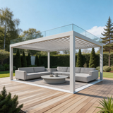 PGL2524 Modern White Aluminum Pergola with Glass Top & Adjustable Louvered Roof – Luxury Outdoor Patio Shade for Backyard & Deck