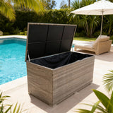 RSB2505 Large Grey Wicker Outdoor Storage Box – Poolside Patio Cushion Deck Box with Hydraulic Lid