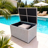 RSB2507 Compact Light Grey Wicker Outdoor Storage Box – Coastal Patio Deck Box with Hydraulic Lid