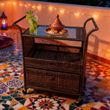 RSB2513 3-Tier Brown Wicker Rolling Camping Cart – Glamping Patio Storage Trolley with Drawer