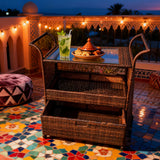 RSB2513 3-Tier Brown Wicker Rolling Camping Cart – Glamping Patio Storage Trolley with Drawer